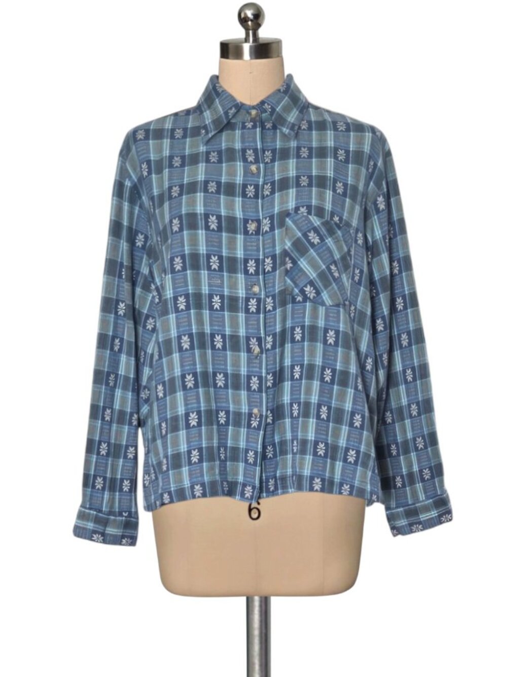 Vintage 80's 90's New Directions Blue Print Button Up Blouse 100% Cotton XL
